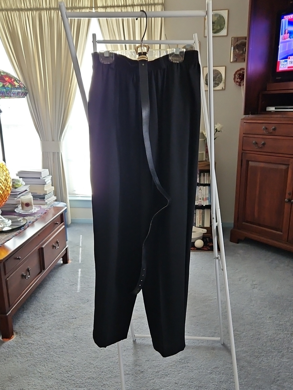 Ladies Black Elastic-Waist Slacks with Matching Belt with Goldtone Hardware